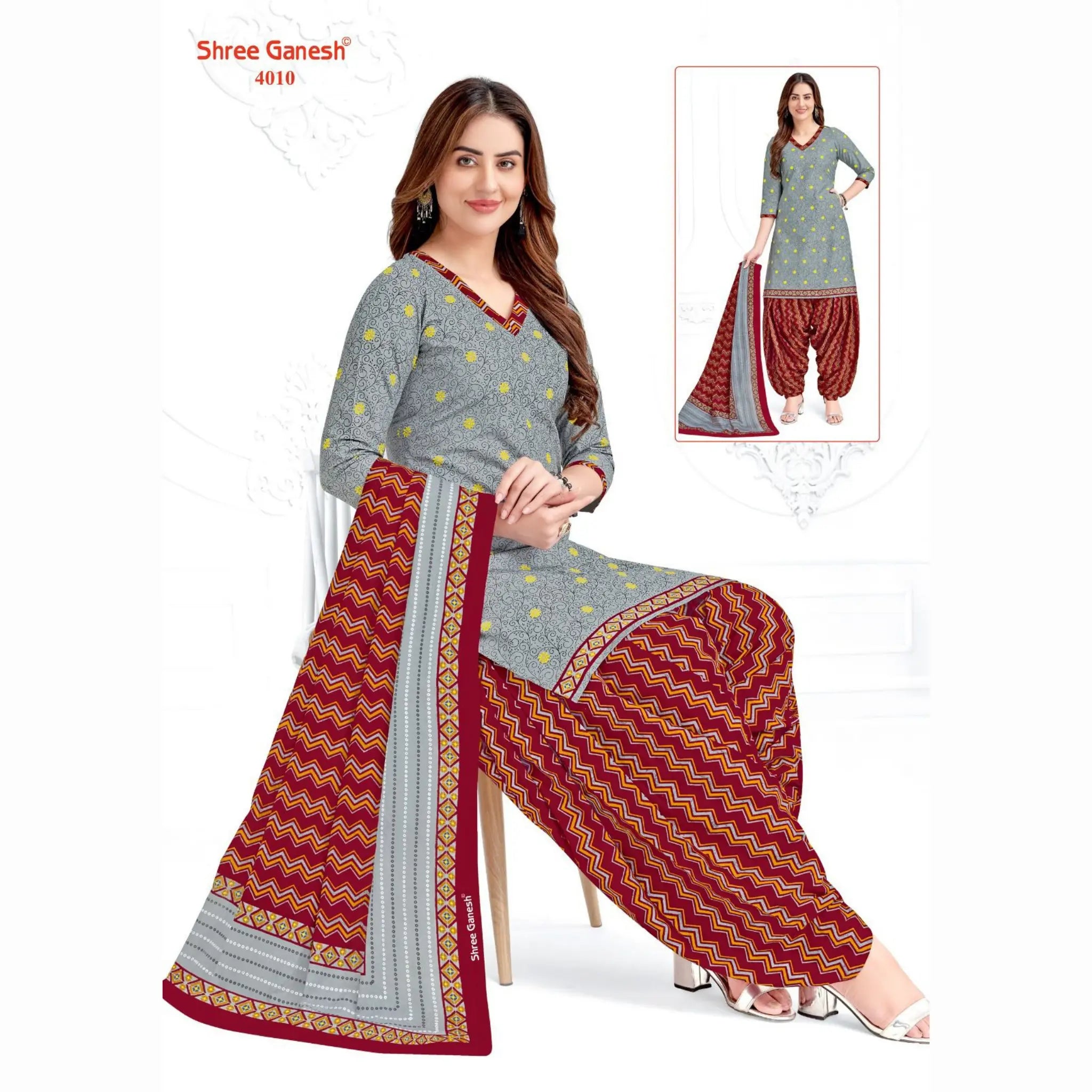 Ash Grey Printed Kurti  with Wine Red Patiala Pant and Dupatta - Cotton Fabric Main image