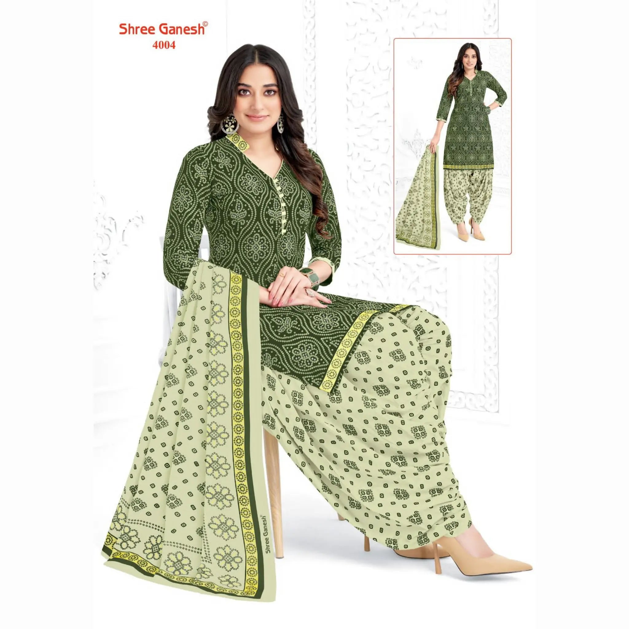 Bottle Green Printed Kurti with Green Mist Patiala Pant and Dupatta - Cotton Fabric