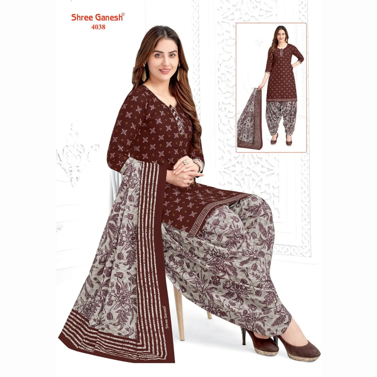 Brown Printed Kurti with Pale Silver Patiala Pant and Dupatta - Cotton Fabric Main image