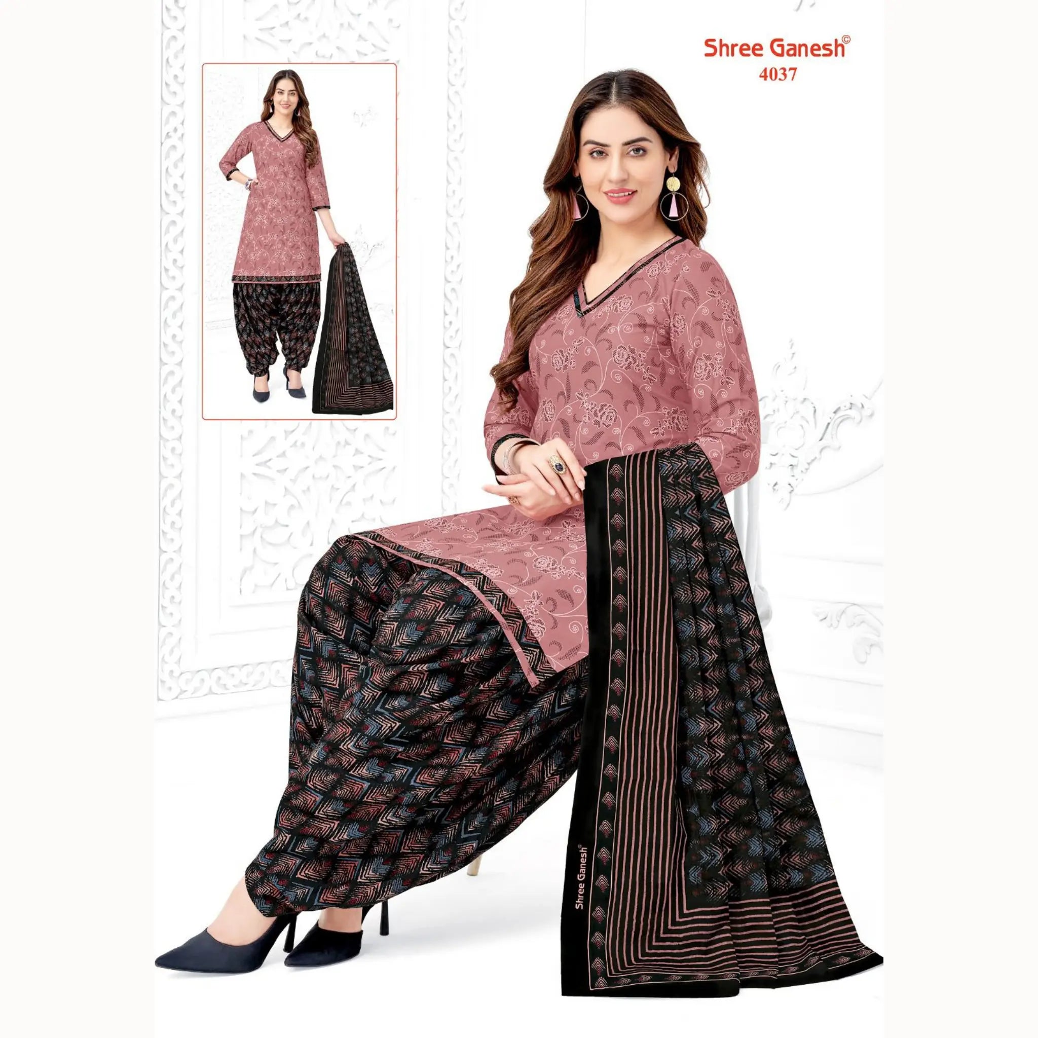 Brownish Pink Printed Kurti with Black Patiala Pant and Dupatta - Cotton Fabric Main image