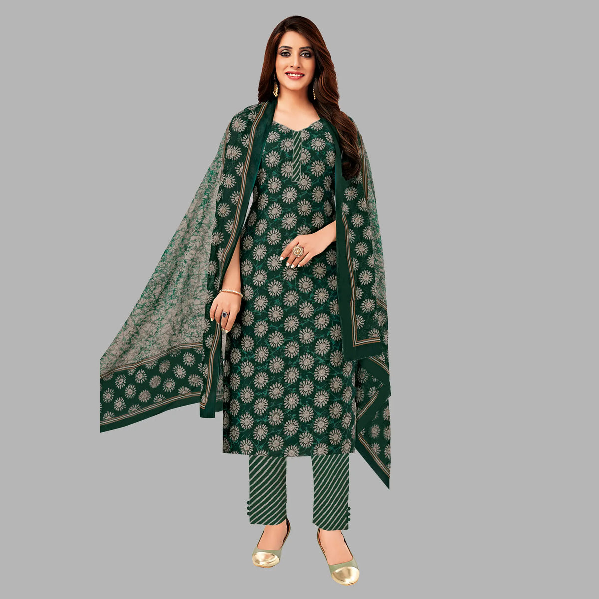 Bottle Green Cotton Kurti Pant with Dupatta - Elegant Women's Fashion Main image