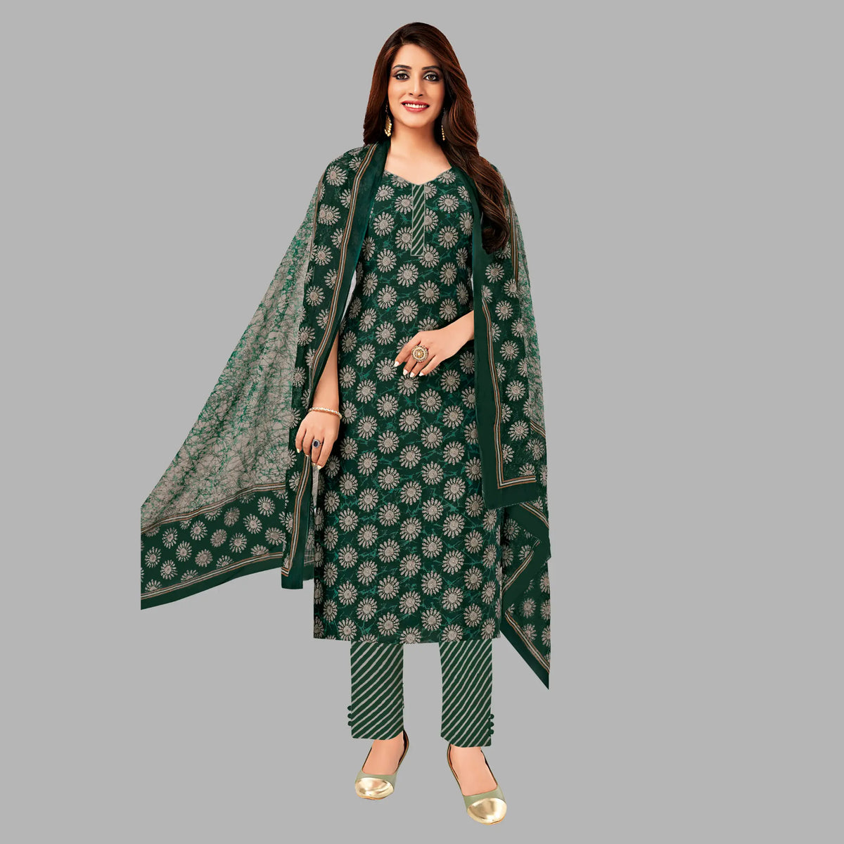 Bottle Green Cotton Kurti Pant with Dupatta - Elegant Women's Fashion