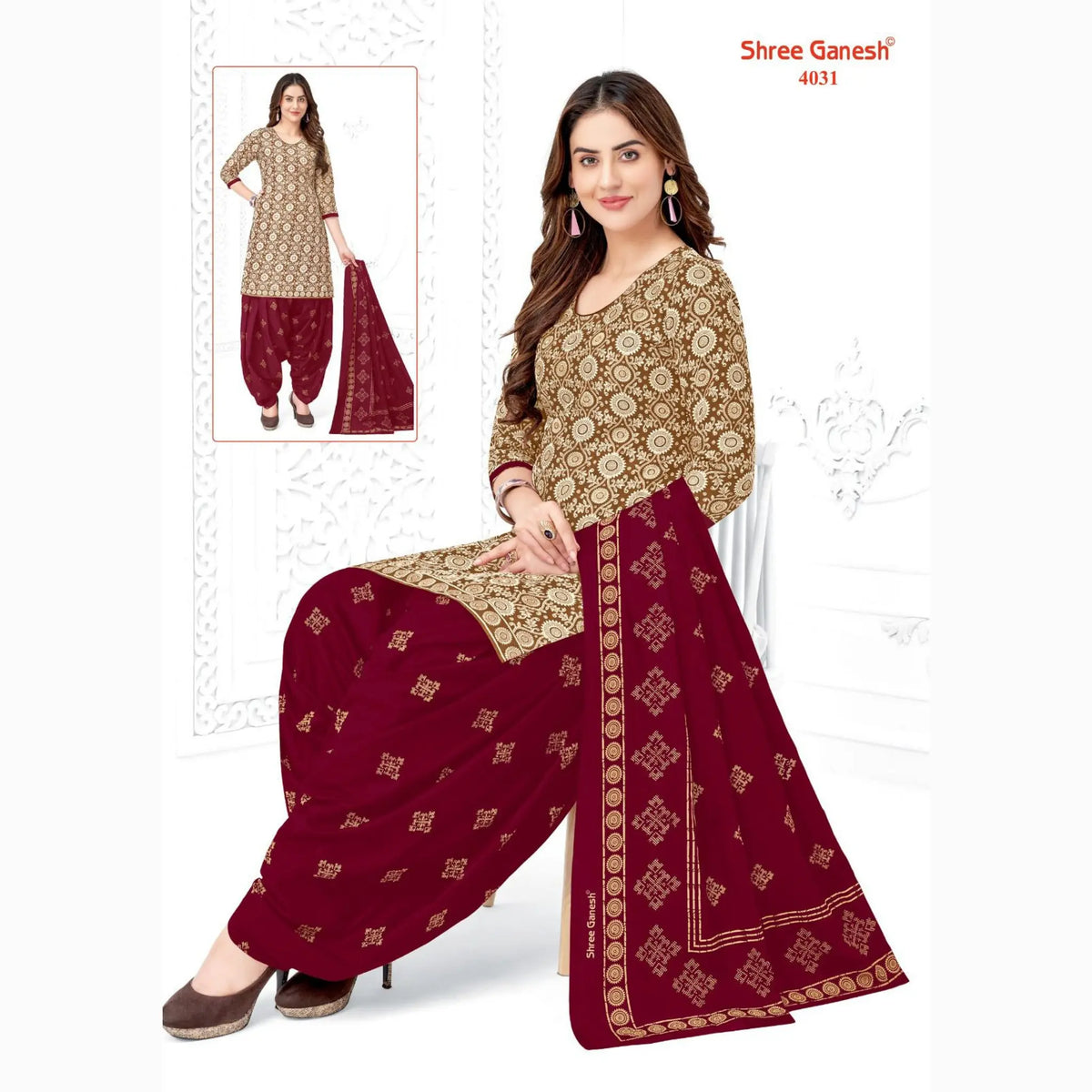 Chocolate Brown Printed Kurti with Maroon Patiala Pant and Dupatta - Cotton Fabric Main image