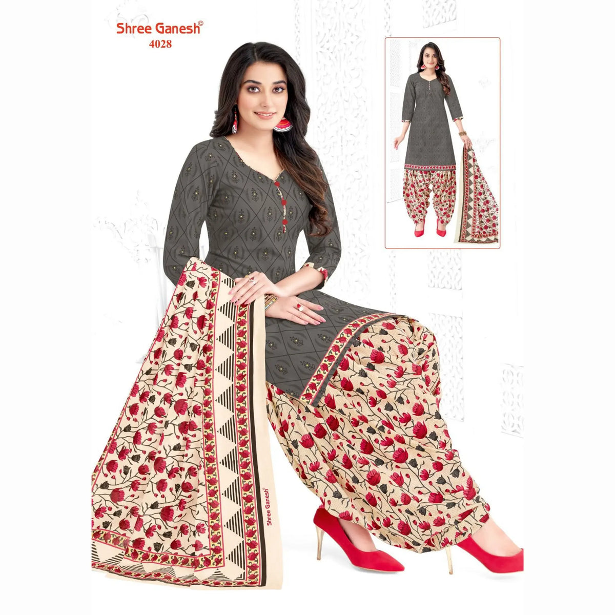 Cloudy Grey Printed Kurti with Cashmere Patiala Pant and Dupatta - Cotton Fabric Main image