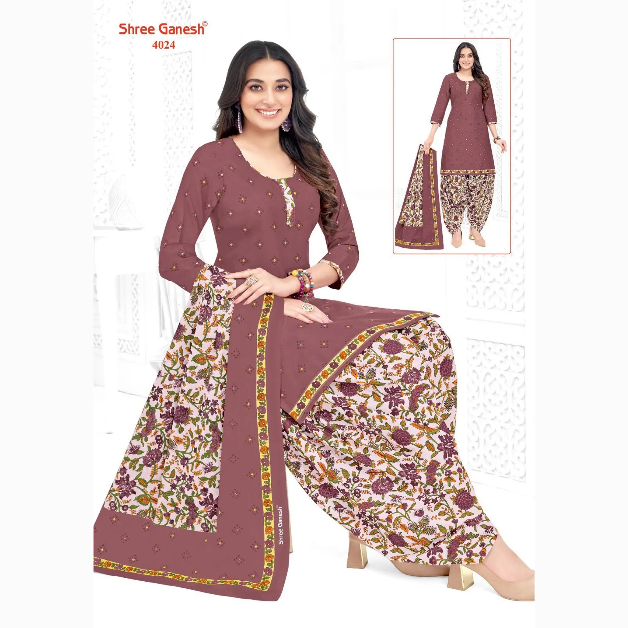 Copper Rose Printed Kurti with Pale Pink Patiala Pant and Dupatta - Cotton Fabric