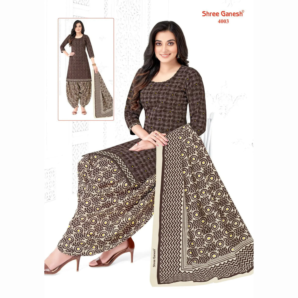 Crater Brown Printed Kurti with Patiala Pant and Dupatta - Cotton Fabric Main image