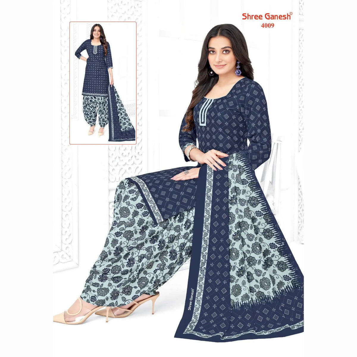 Dark Blue Printed Kurti with Pale Aqua Patiala Pant and Dupatta - Cotton Fabric Main image