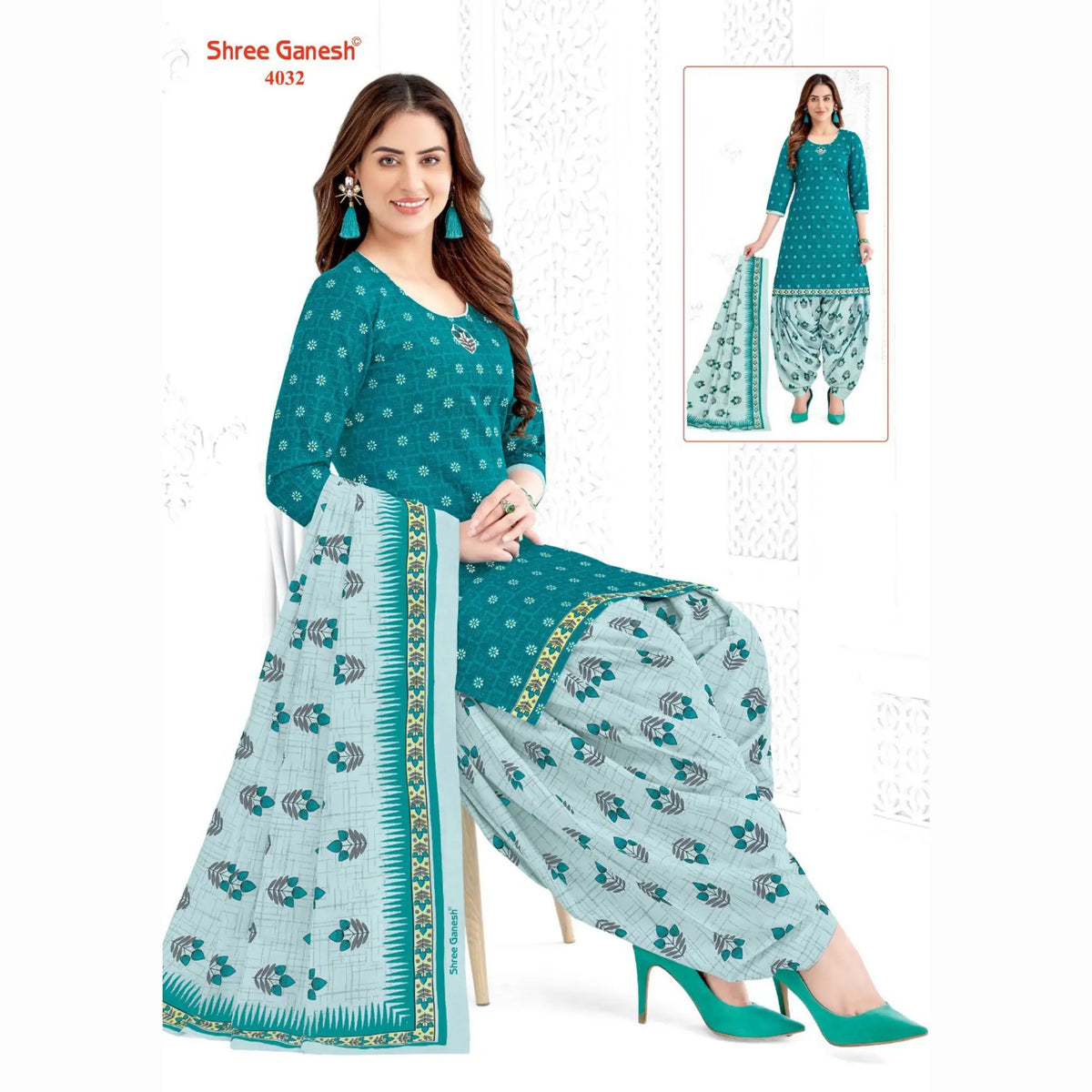 Deep Teal Printed Kurti with Pale Aqua Patiala Pant and Dupatta - Cotton Fabric Main image