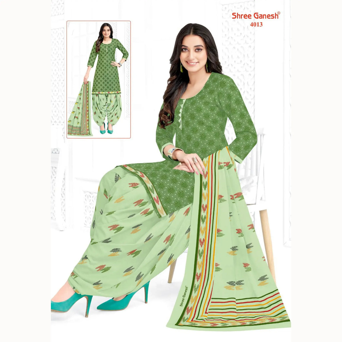 Green Grey Printed Kurti with Pixie Green Patiala Pant and Dupatta - Cotton Fabric Main image