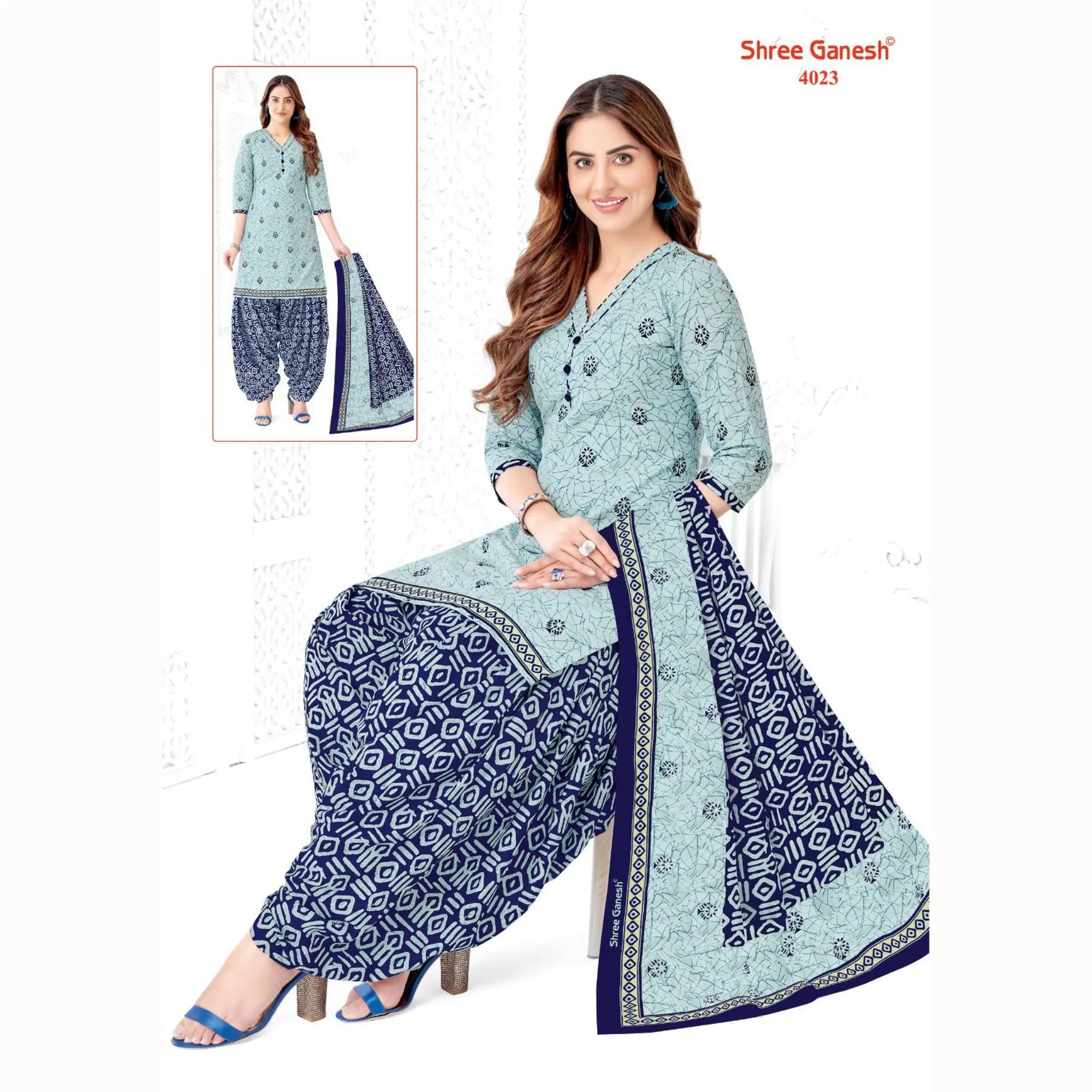 Light Grey Printed Kurti with Dark Blue Patiala Pant and Dupatta - Cotton Fabric
