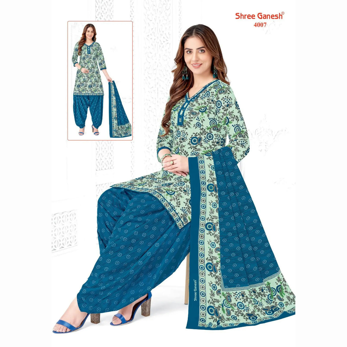 Light Grey Printed Kurti with Yale Blue Patiala Pant and Dupatta - Cotton Fabric Main image