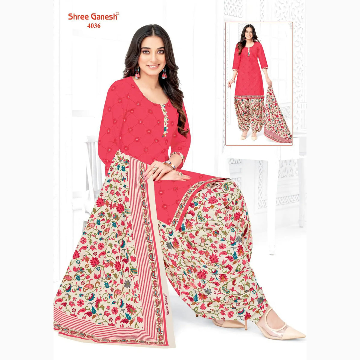 Light Red Printed Kurti with Light Grey Patiala Pant and Dupatta - Cotton Fabric