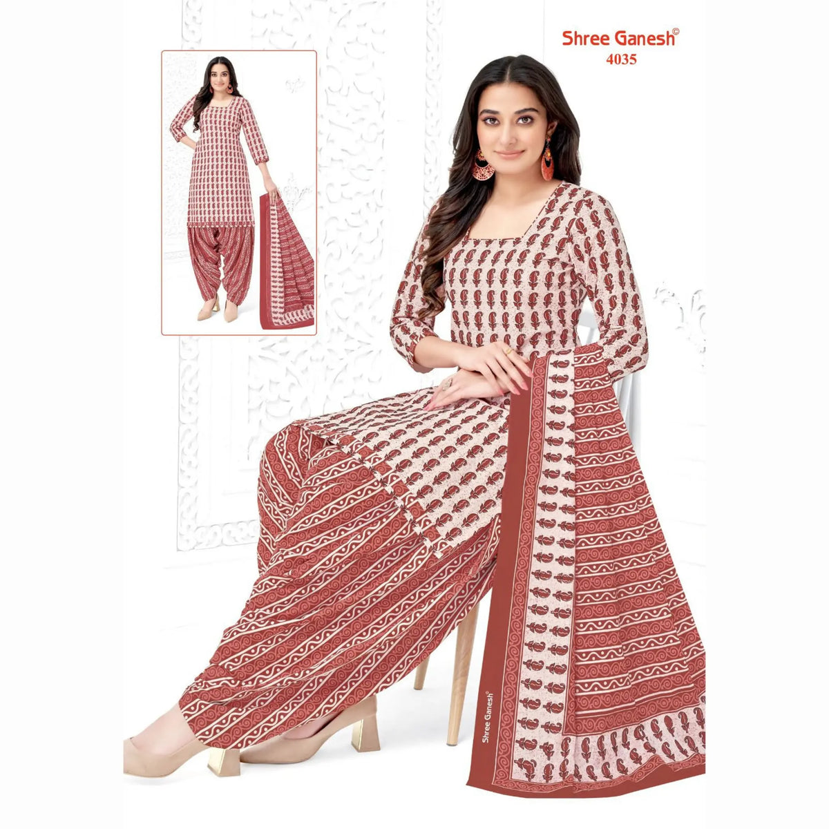 Pale Pink Butta Print Kurti with Light Maroon Patiala Pant and Dupatta - Cotton Fabric Main image