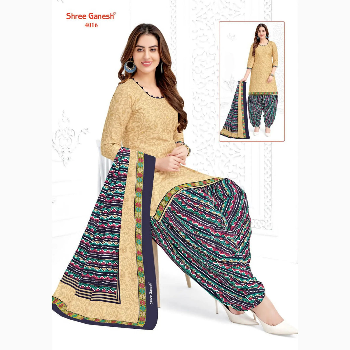 Peach Yellow Printed Kurti with Patiala Pant and Dupatta - Cotton Fabric Main image