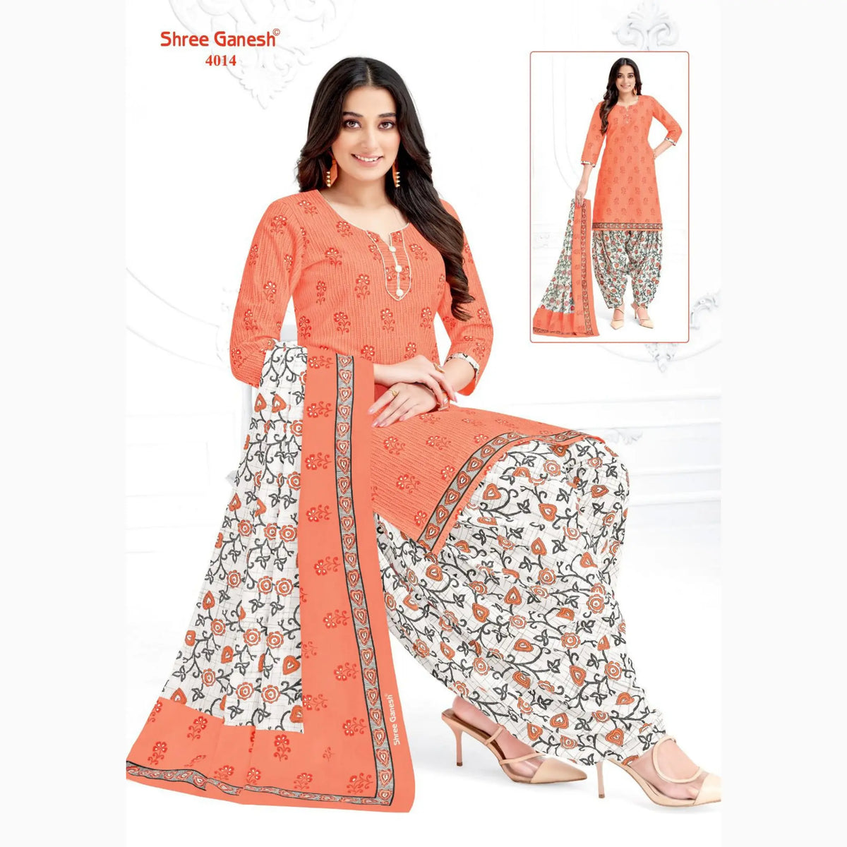 Peachy Pink Printed Kurti with Soft Peach Patiala Pant and Dupatta - Cotton Fabric Main image