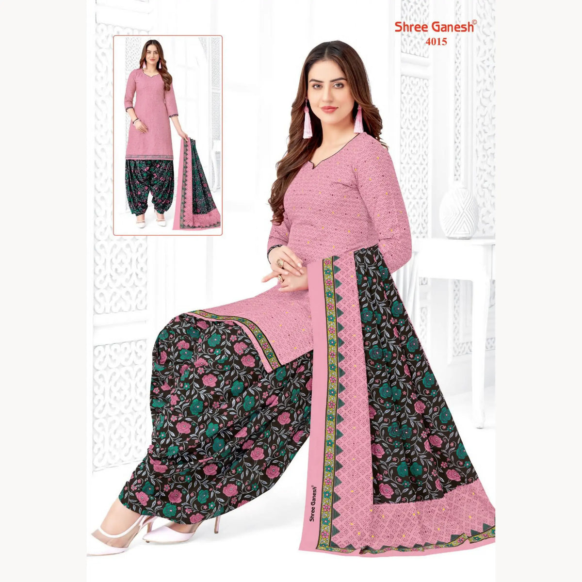 Pink Rose Printed Kurti with Patiala Pant and Dupatta - Cotton Fabric Main image