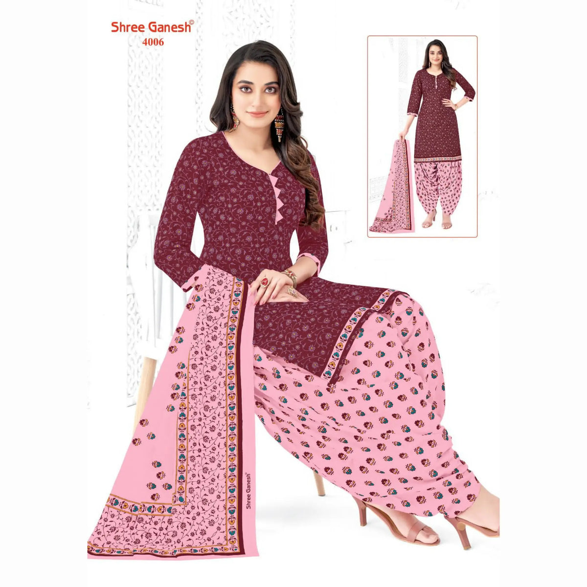 Pinkish Red Printed Kurti with Soft Pink Patiala Pant and Dupatta - Cotton Fabric Main image