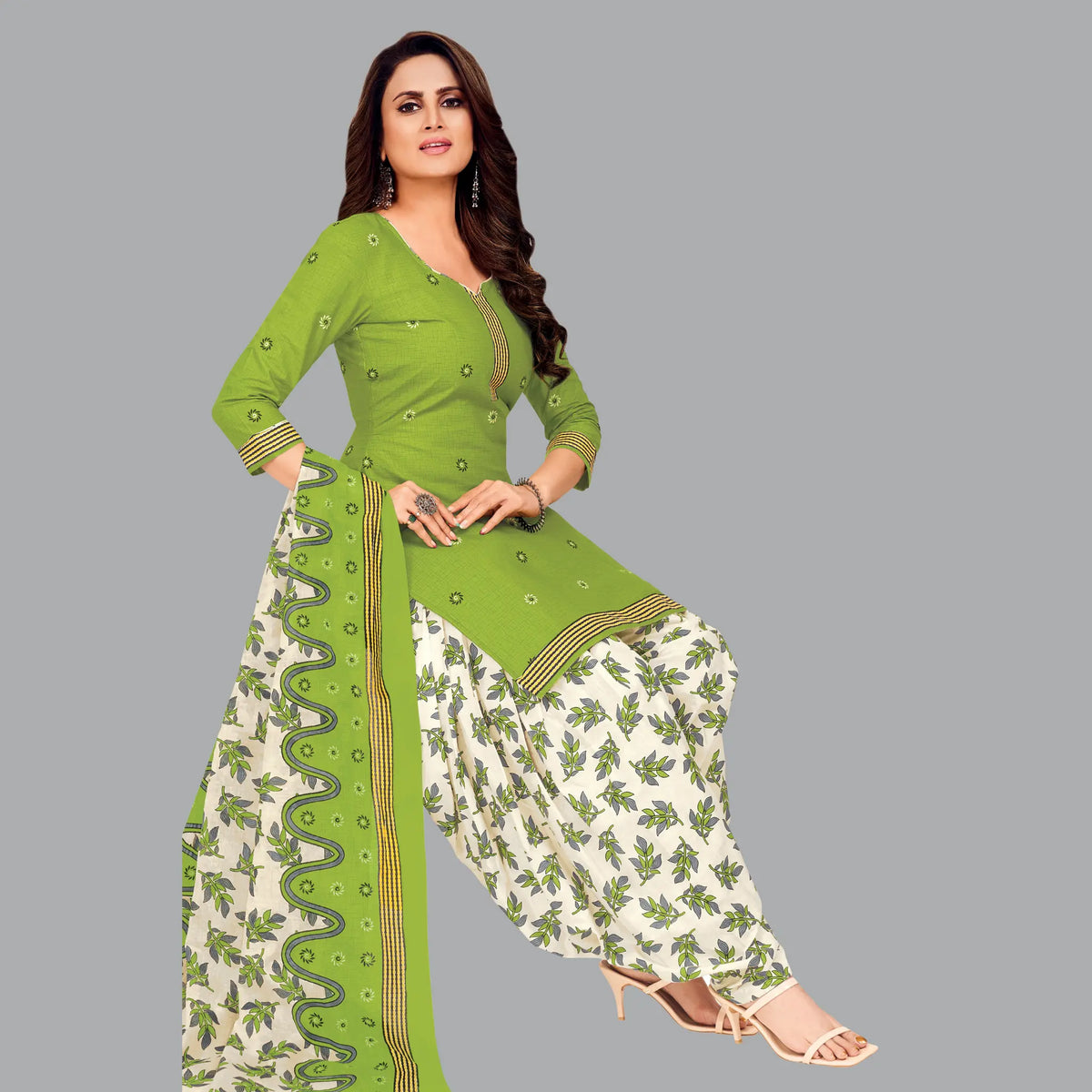 Avocado Green Cotton Kurta Set with Patiala Pant and Dupatta Main image