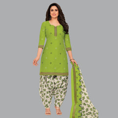 Women's Avocado Green Cotton Ensemble with White Patiala and Dupatta