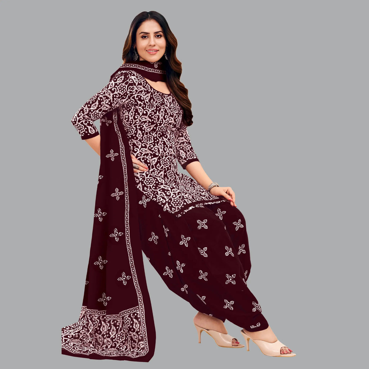 Dark Maroon Patiala Pant and Dupatta with Batik Print Cotton Kurta Main image