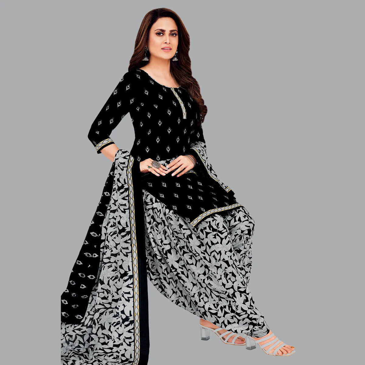 Women's Black Cotton Kurta Set with Floral Patiala Pant and Dupatta Main image