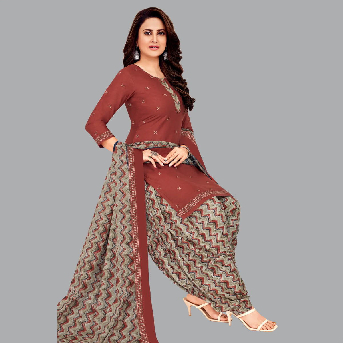 Brown Cotton Kurta Set with Grey Patiala Pant and Dupatta for Women Main image