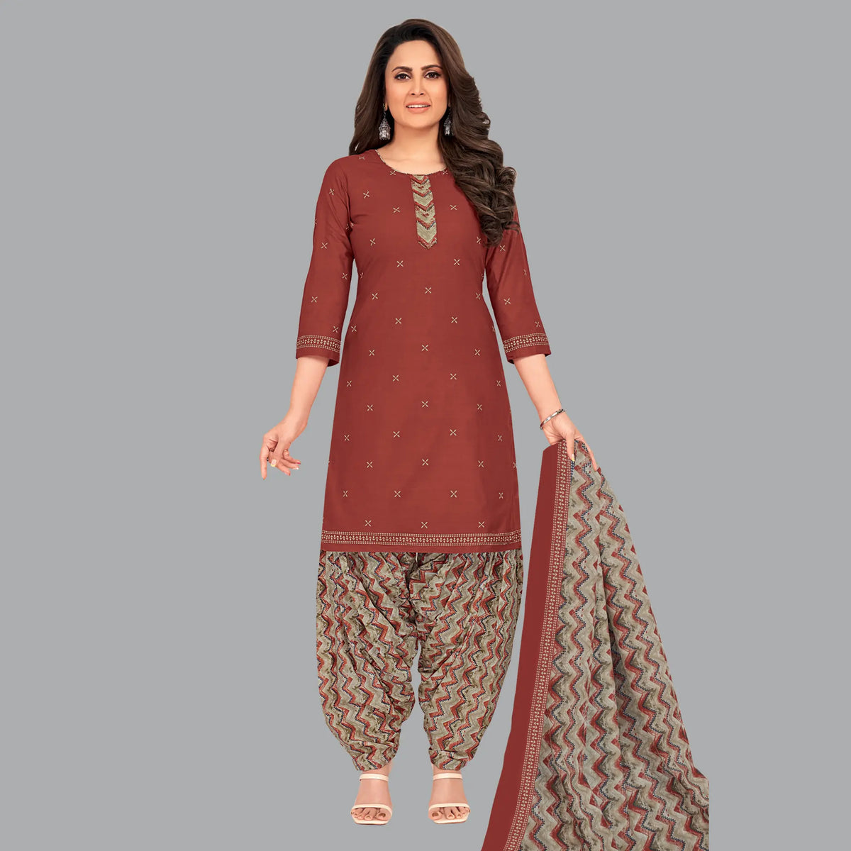 Women's Brown Kurta Outfit with Stylish Grey Patiala and Dupatta