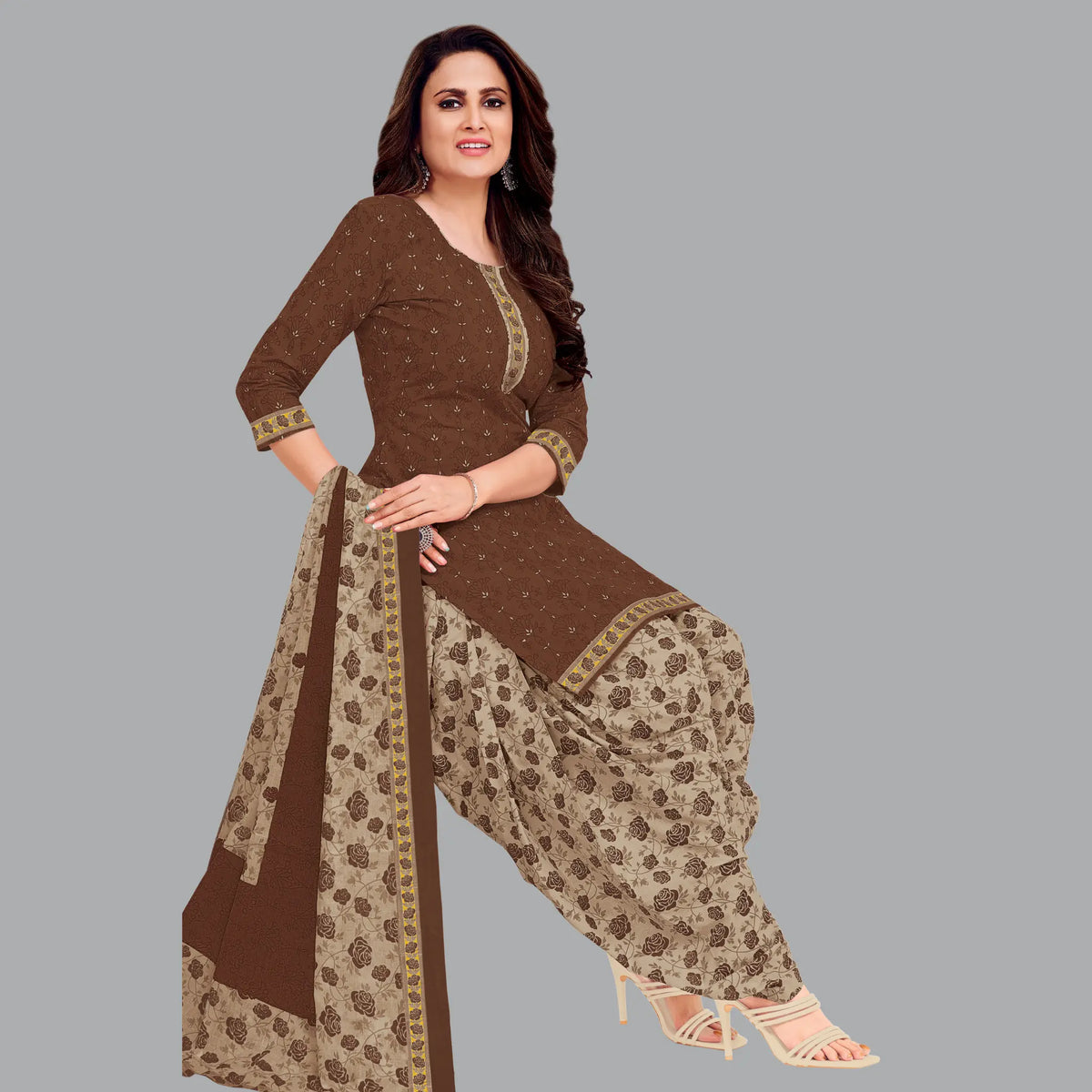 Coffee Brown Cotton Kurta Set with Grey Patiala Pant and Dupatta Main image