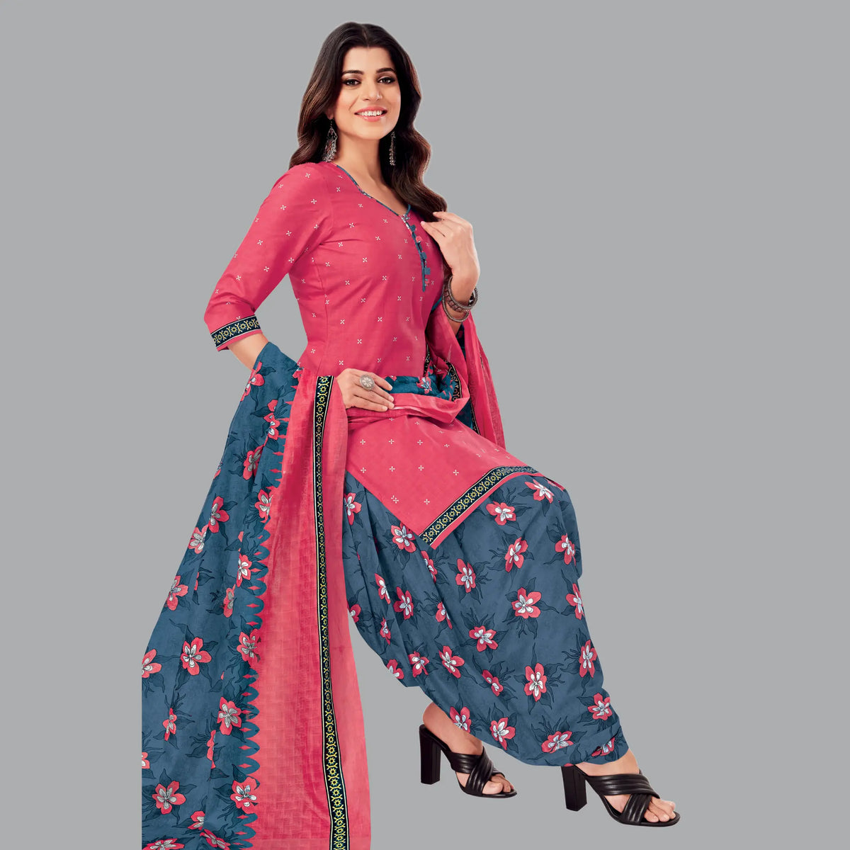 Dark Pink Cotton Kurta with Denim Blue Patiala Pant and Dupatta Main image
