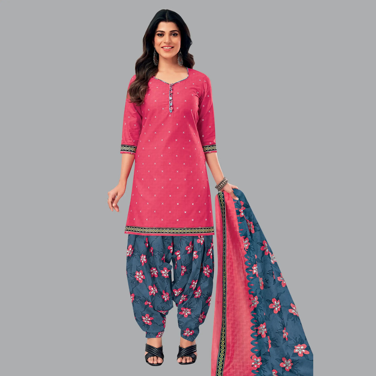 Women's Dark Pink Kurta Set with Playful Denim Blue Patiala