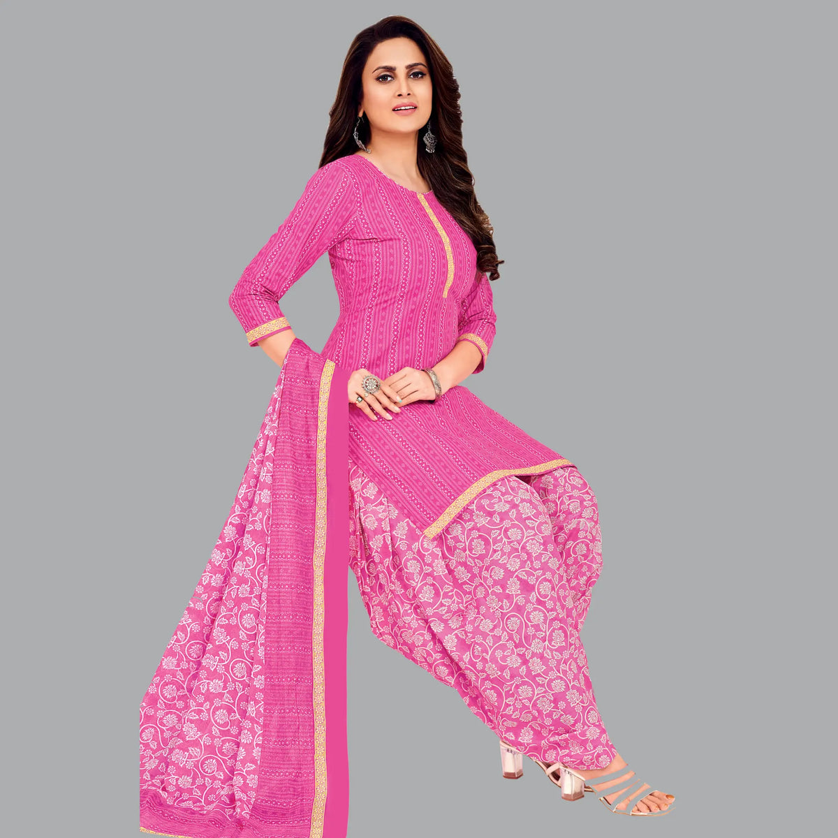 Dark Pink Cotton Kurta with Floral Patiala Pant and Dupatta Main image