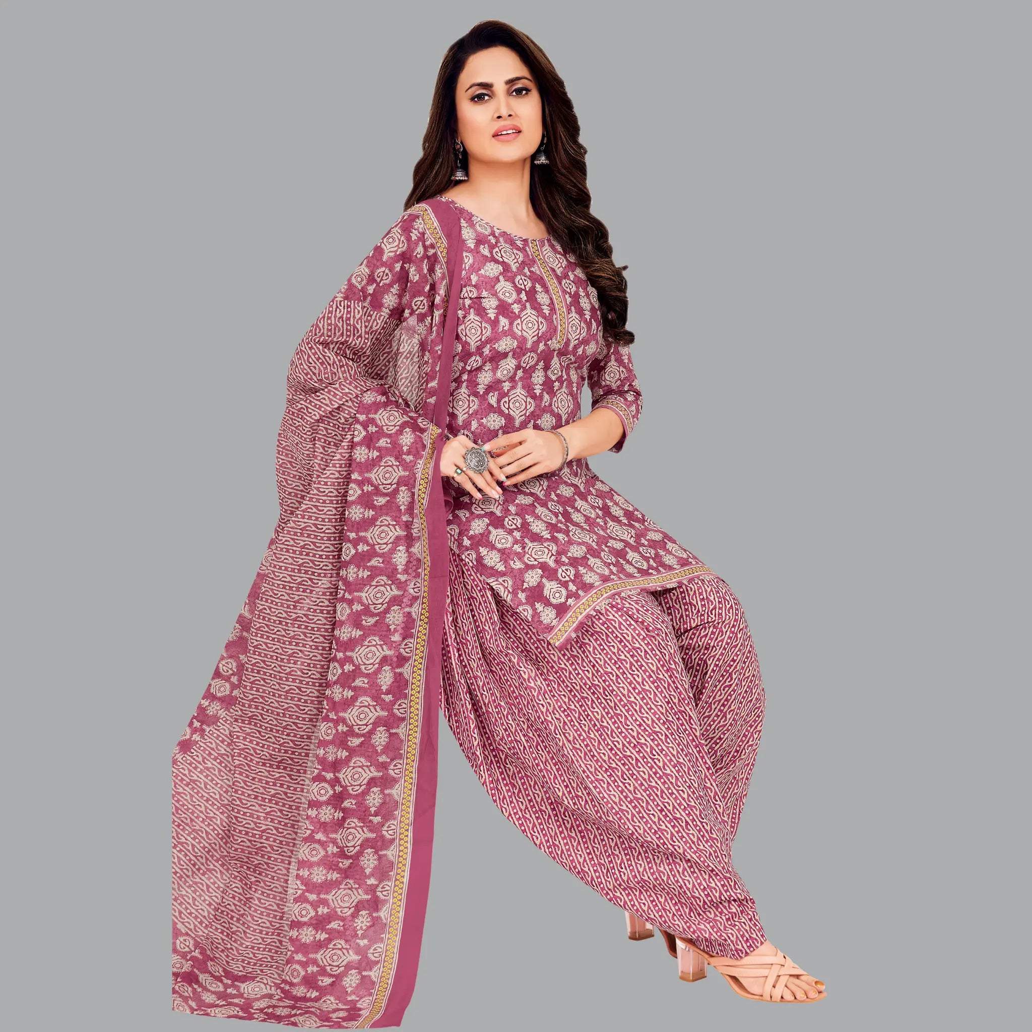 Dark Rose Cotton Kurta with Patiala Pant and Dupatta for Women Main image