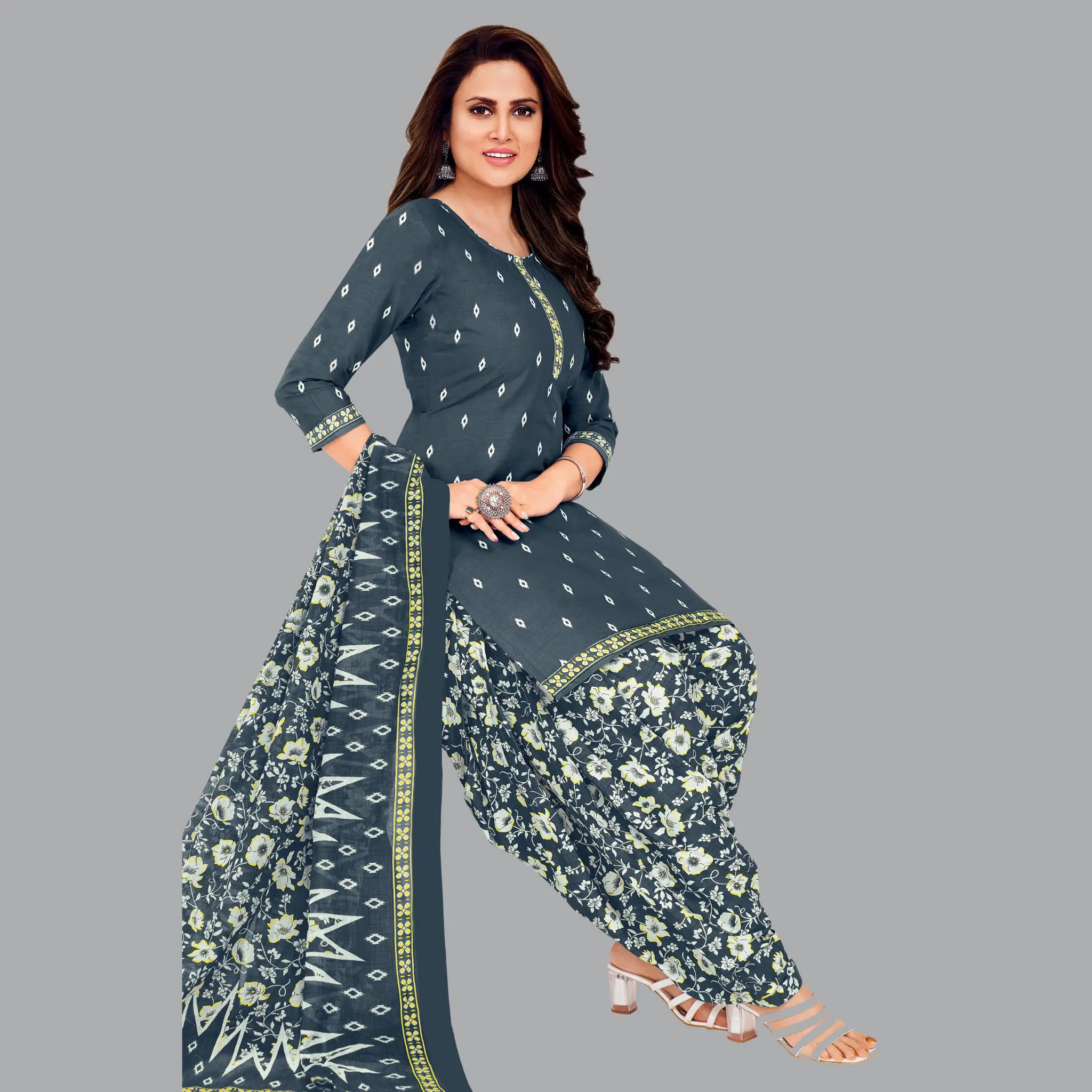 Davy Grey Cotton Kurta with Floral Patiala Pant and Dupatta Main image