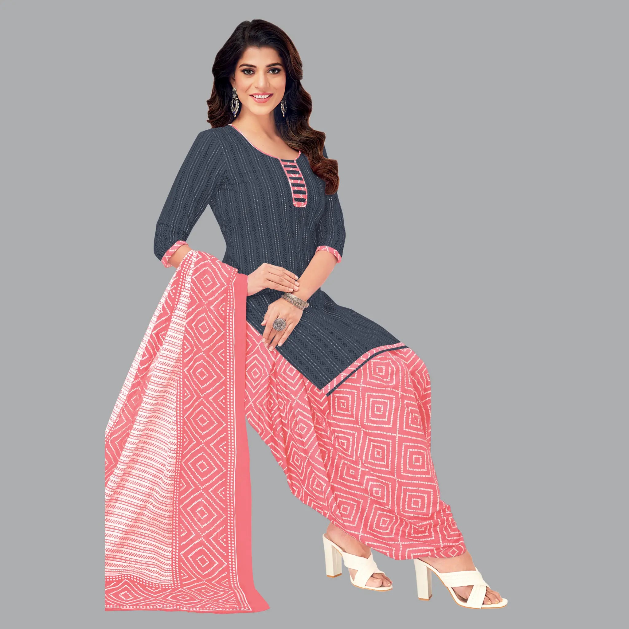 Davy Grey Cotton Kurta with Rosy Pink Patiala Pant and Dupatta Main image