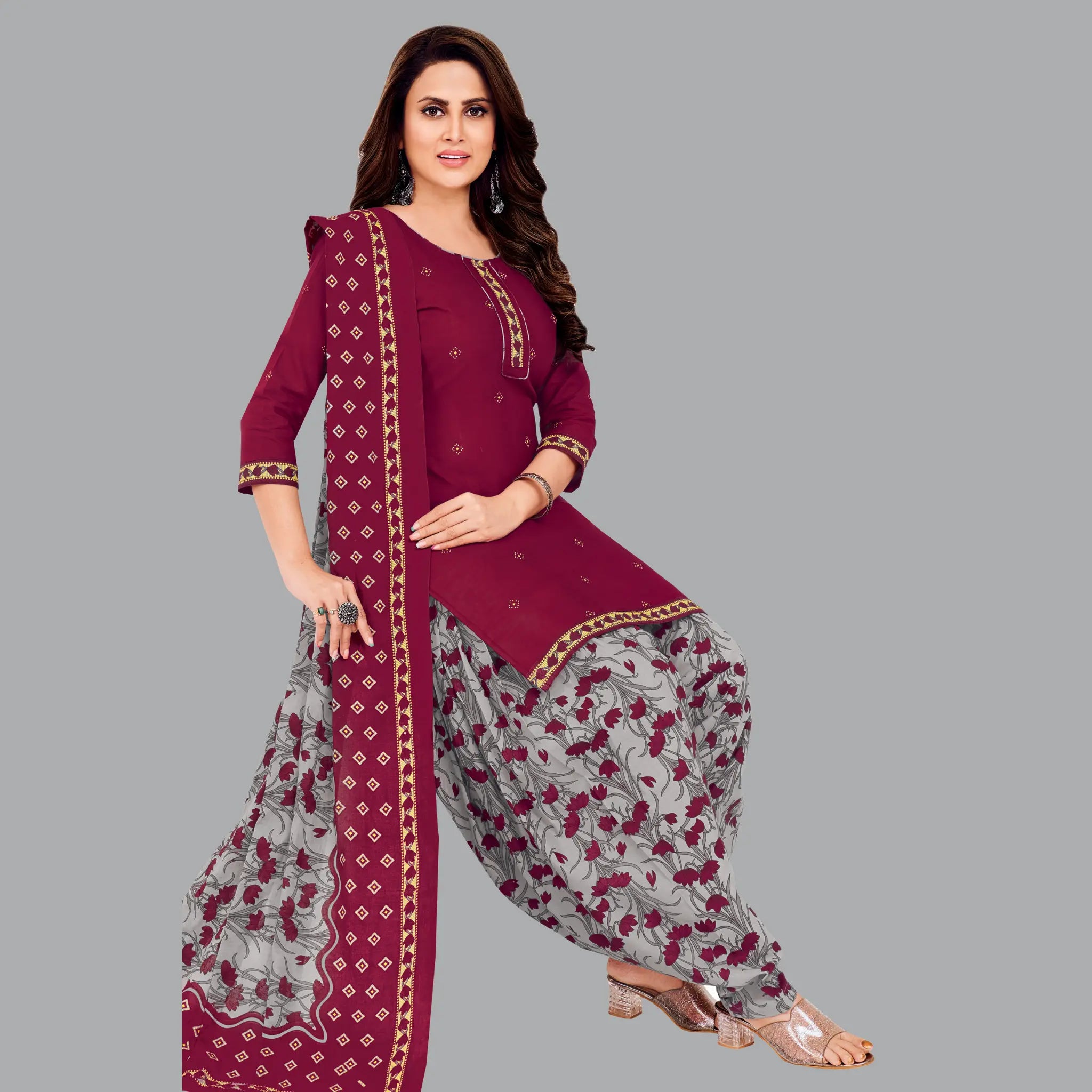 Maroon Cotton Kurta Set with Ash Grey Patiala Pant and Dupatta Main image