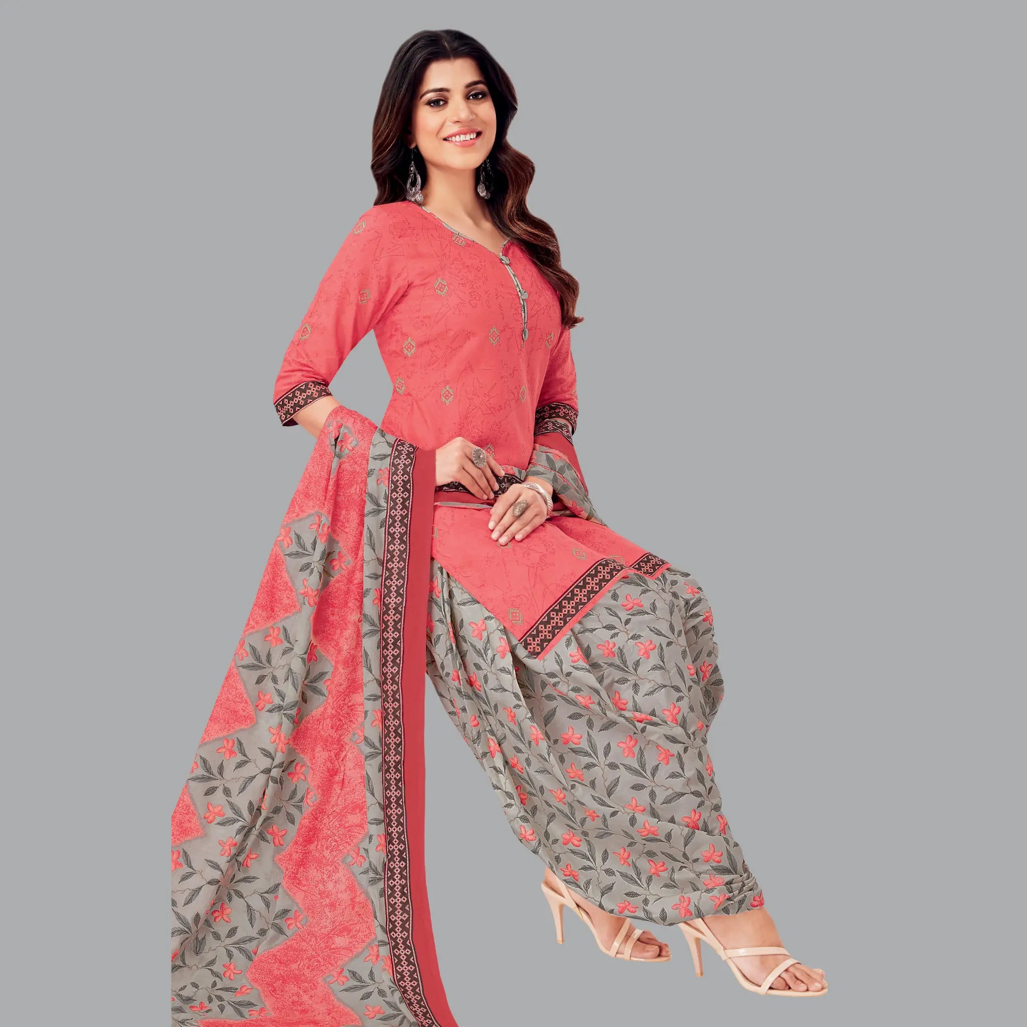 Peach Cotton Kurta Set with Grey Patiala Pant and Dupatta for Women Main image