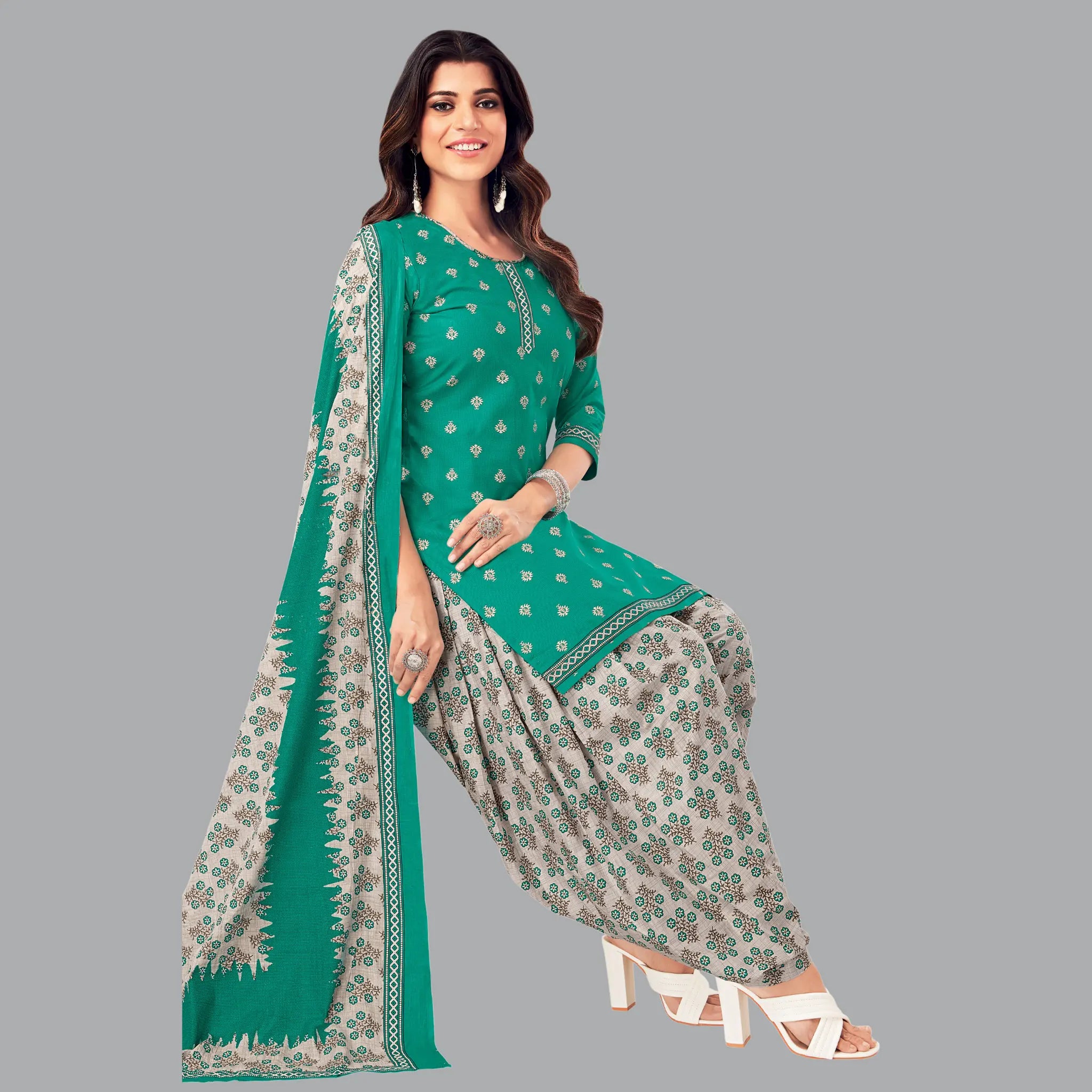 Persian Green Cotton Kurta with Floral Patiala Pant and Dupatta Main image