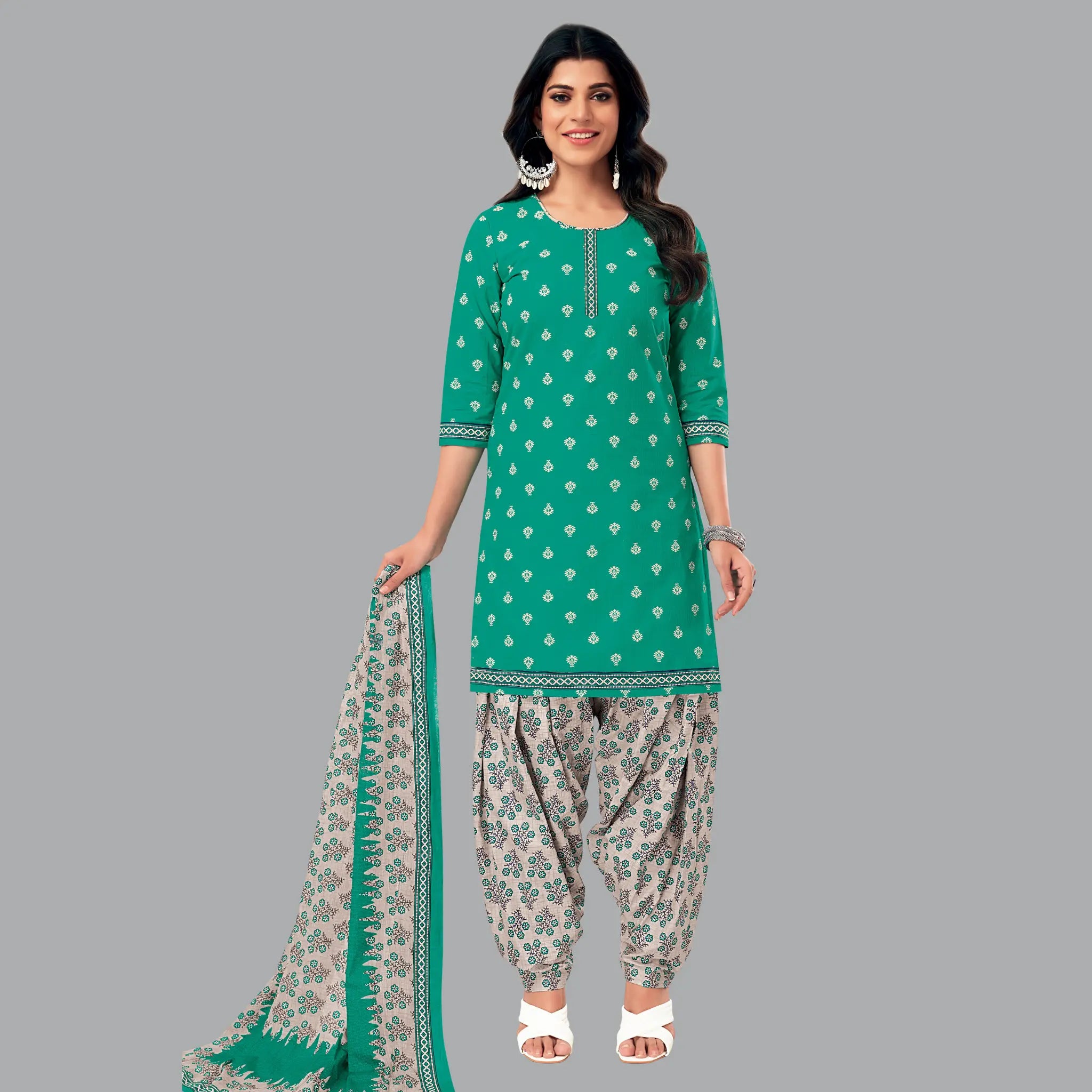 Stylish Persian Green Women's Kurta Ensemble with Floral Patiala