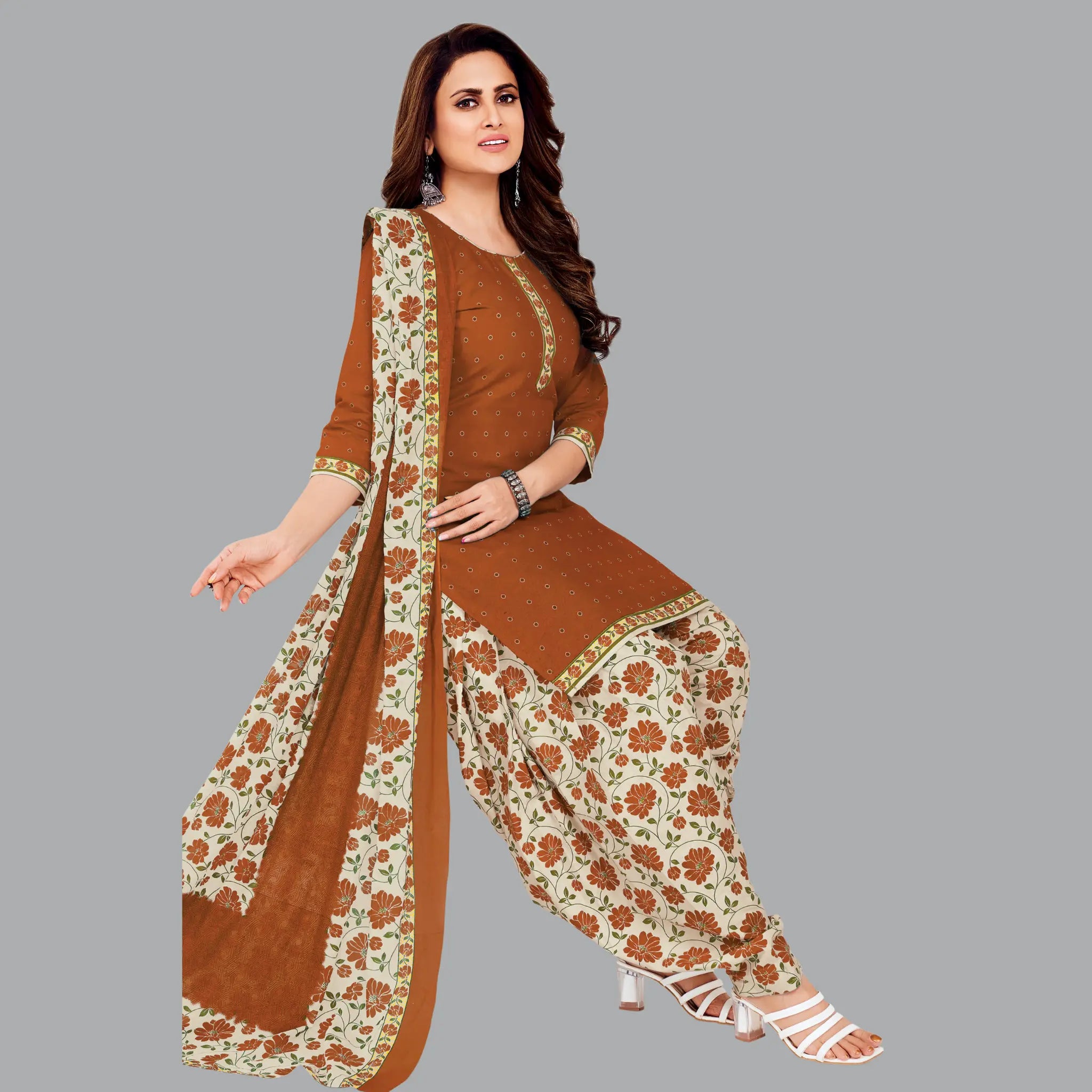 Rust Brown Cotton Kurta Set with Spanish White Patiala Pant and Dupatta Main image