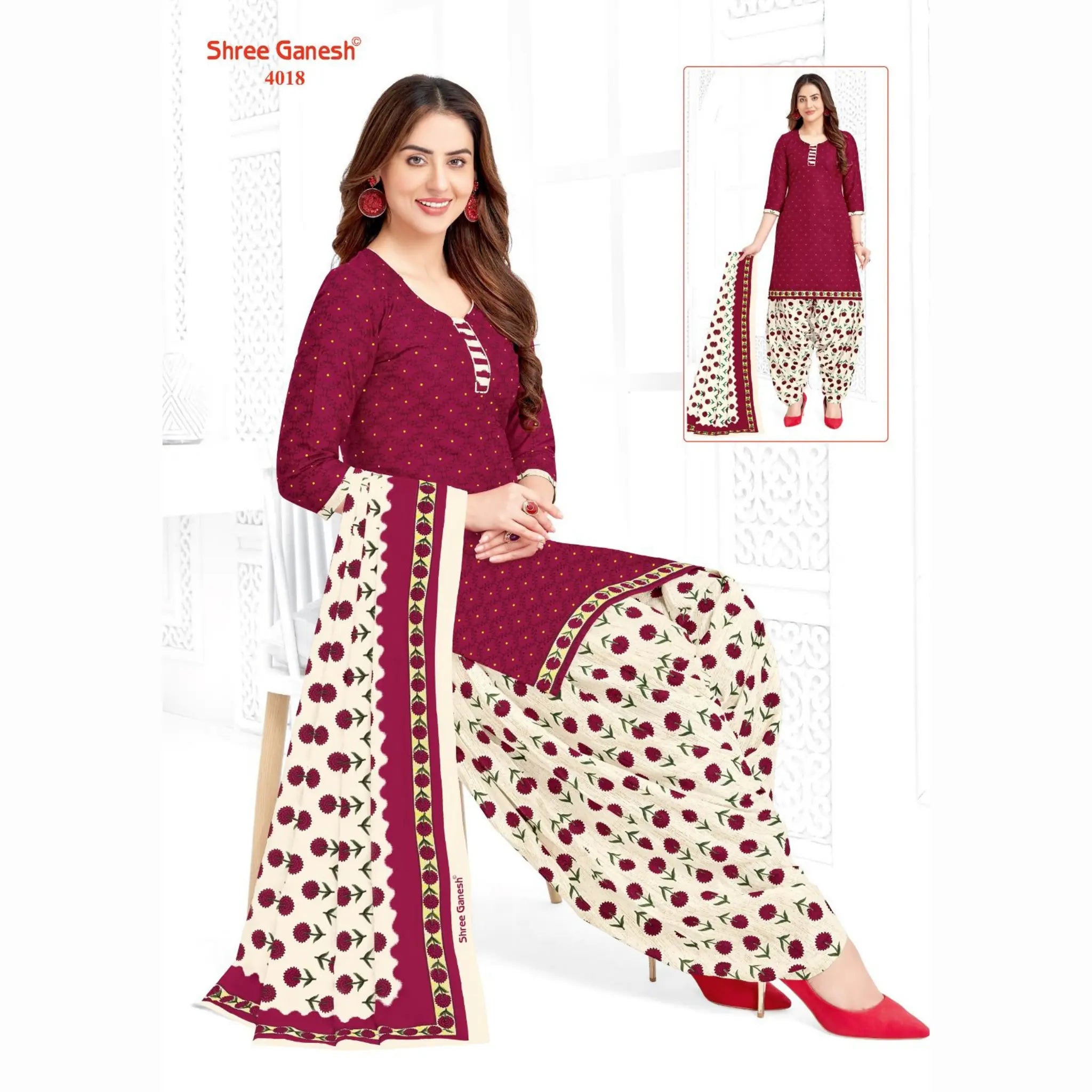 Purple Red Printed Kurti with Green White Patiala Pant and Dupatta - Cotton Fabric