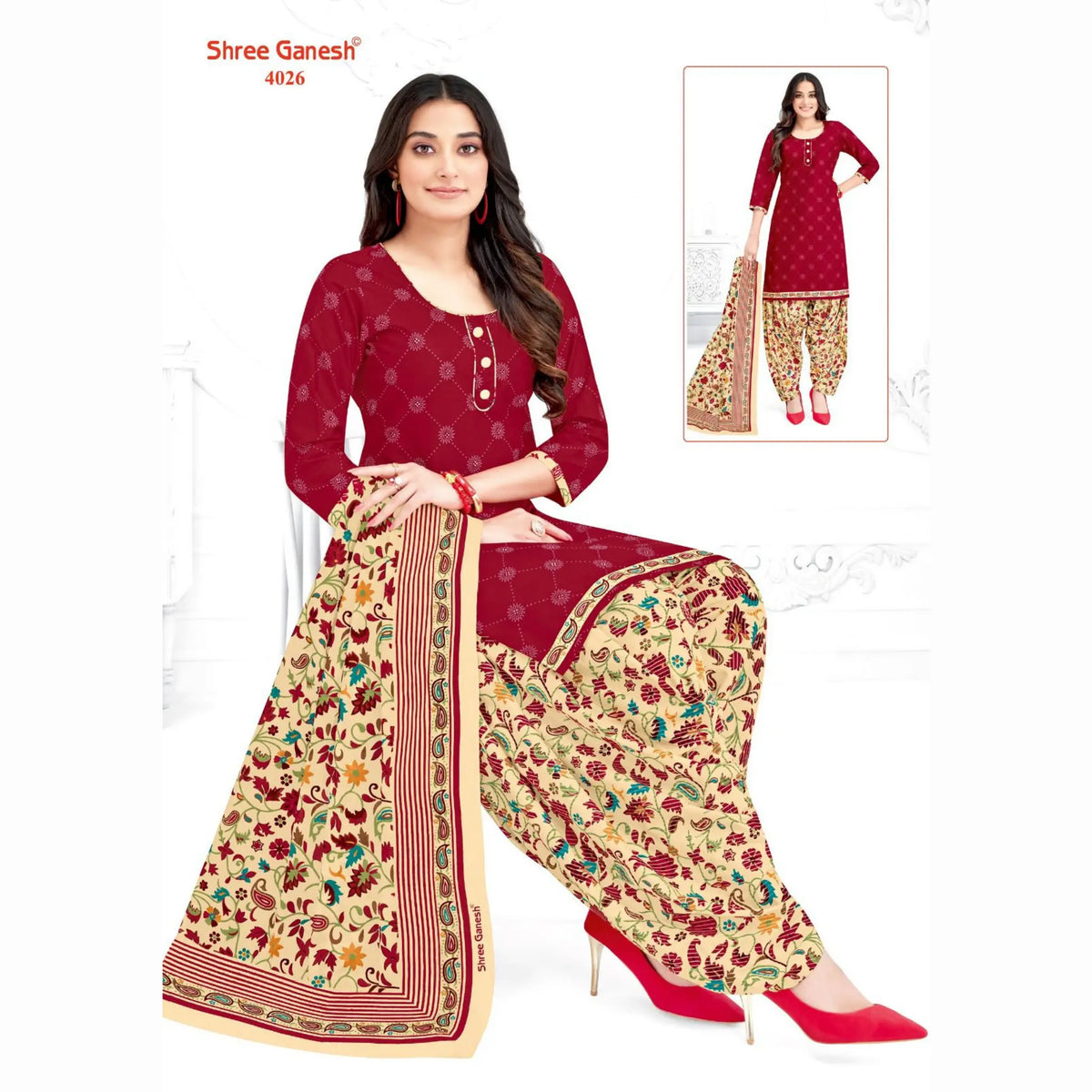 Red Printed Kurti with Light Peach Patiala Pant and Dupatta - Cotton Fabric