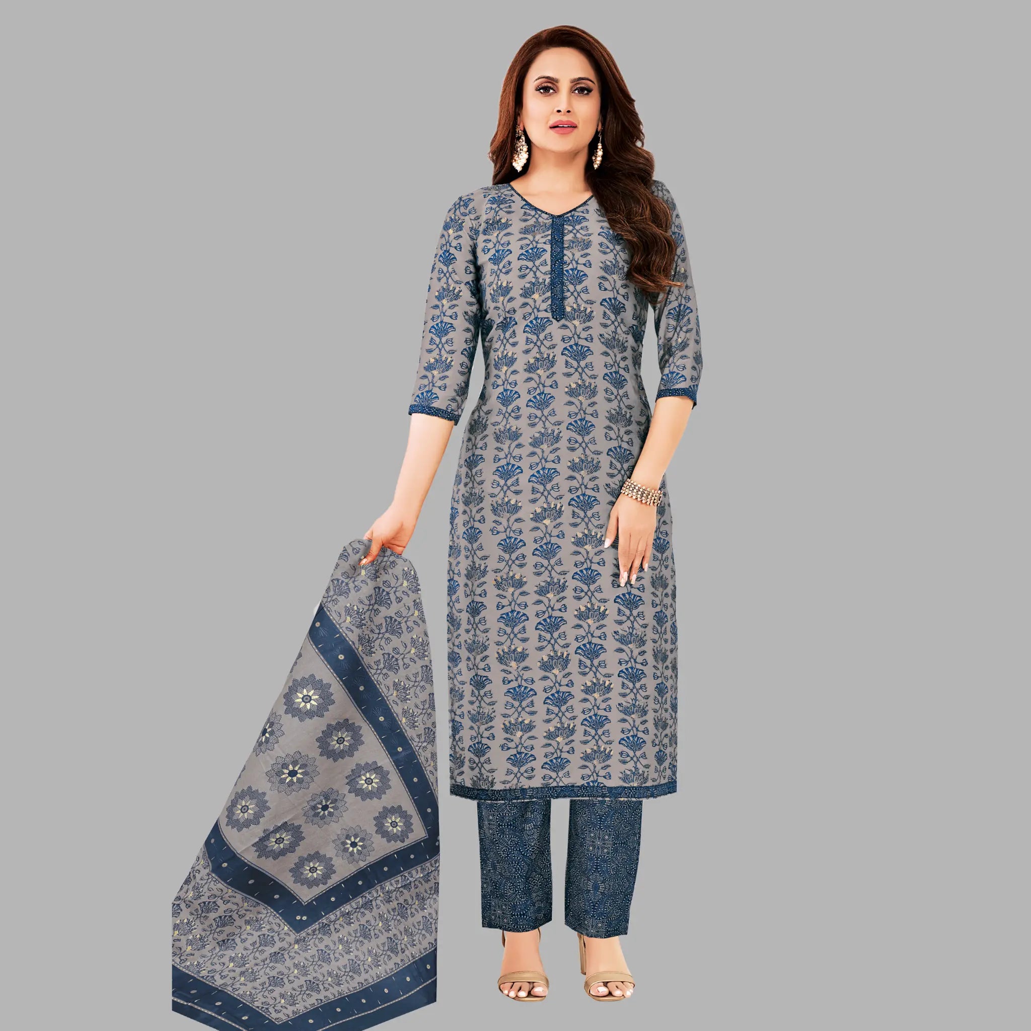 Olive Grey Kurti Set with Dark Blue Pant - Women's Fashion Main image