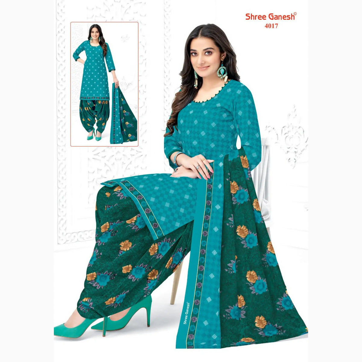 Teal Blue Printed Kurti with Evergreen Patiala Pant and Dupatta - Cotton Fabric