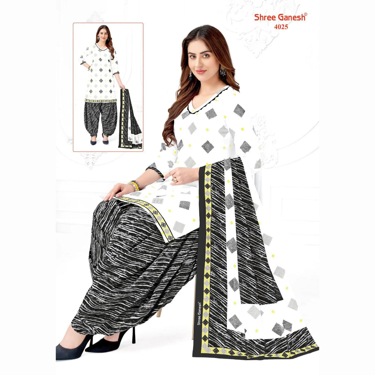 White Printed Kurti with Black Patiala Pant and Dupatta - Cotton Fabric