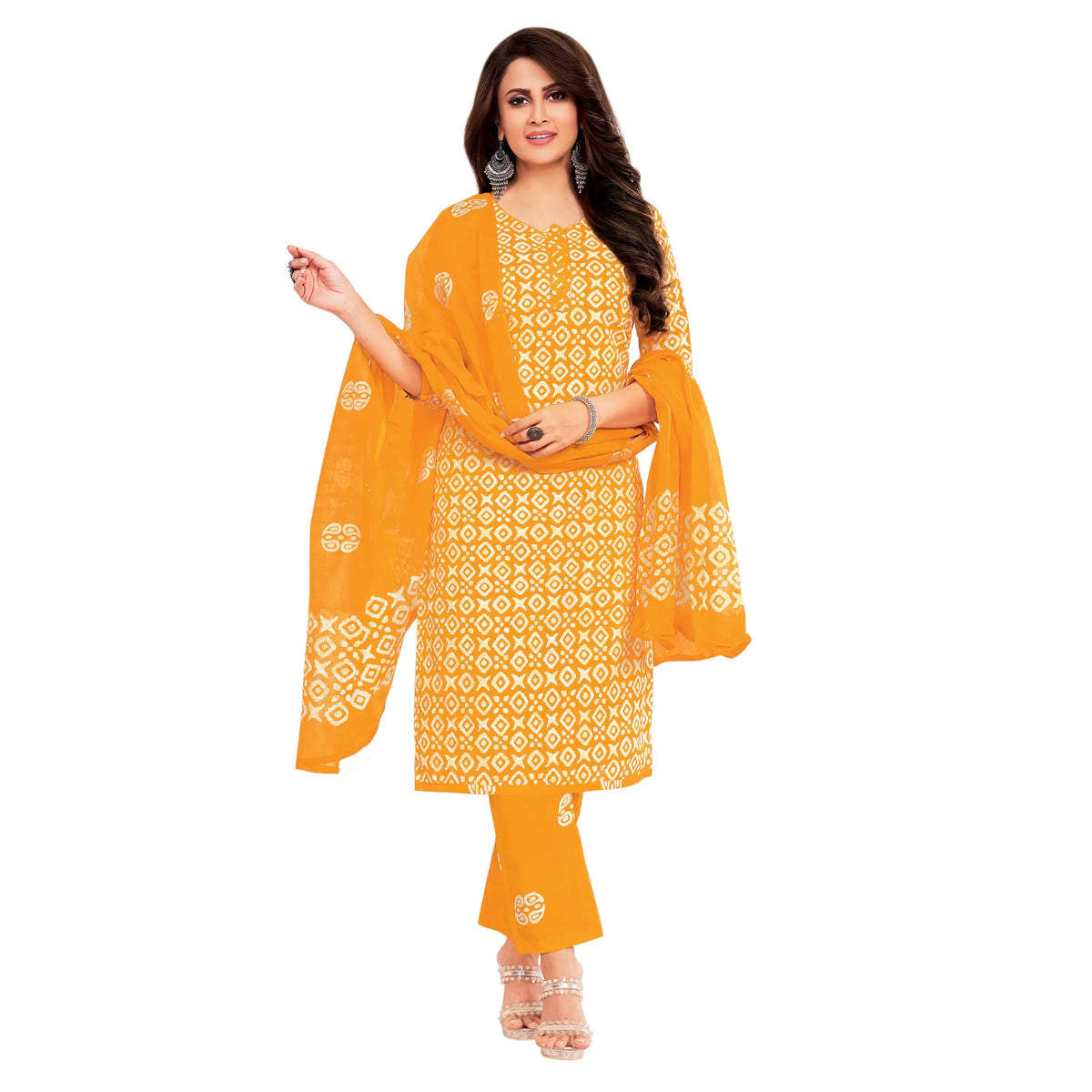 Women's Orange Cotton Kurti with Straight Pant and Dupatta Main image