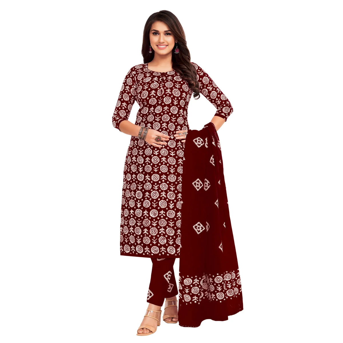 Women's Maroon Cotton Kurti with Straight Pant and Dupatta Main image