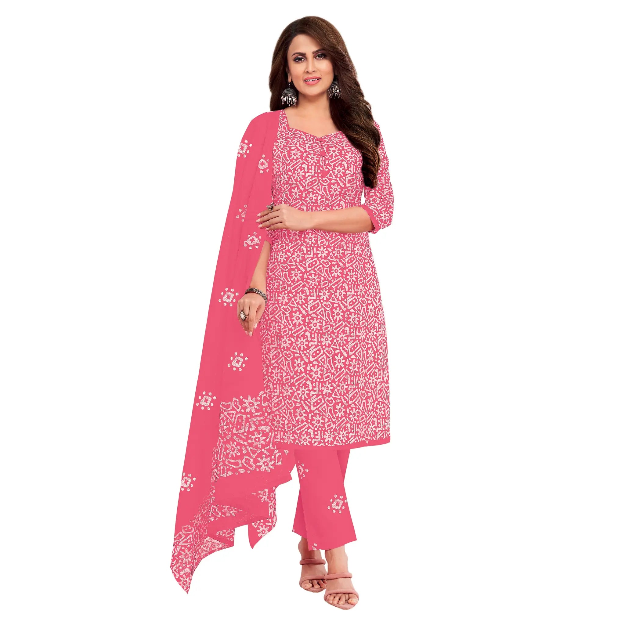 Women's Tulip Pink Cotton Kurti with Straight Pant and Dupatta