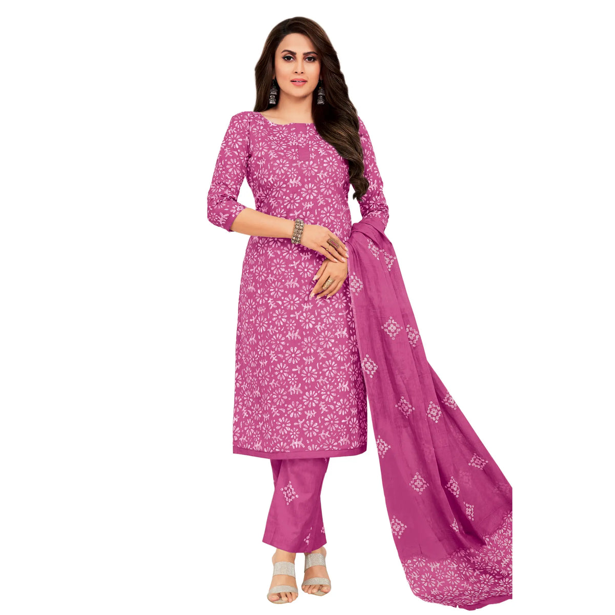 Women's Pink Cotton Kurti with Straight Pant and Dupatta Main image