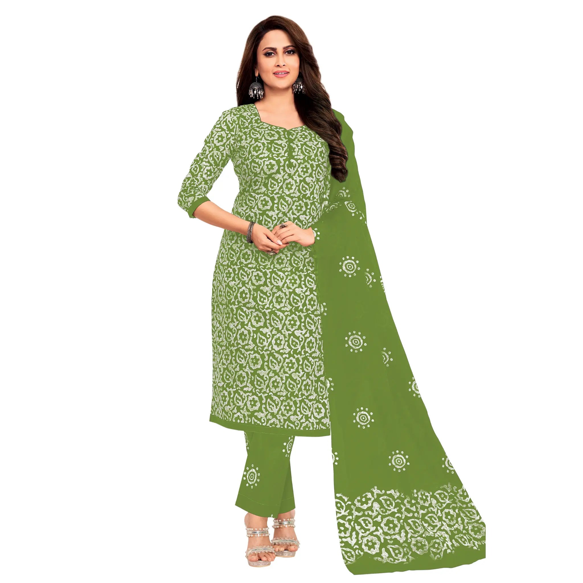 Women's Green Cotton Kurti with Straight Pant and Dupatta