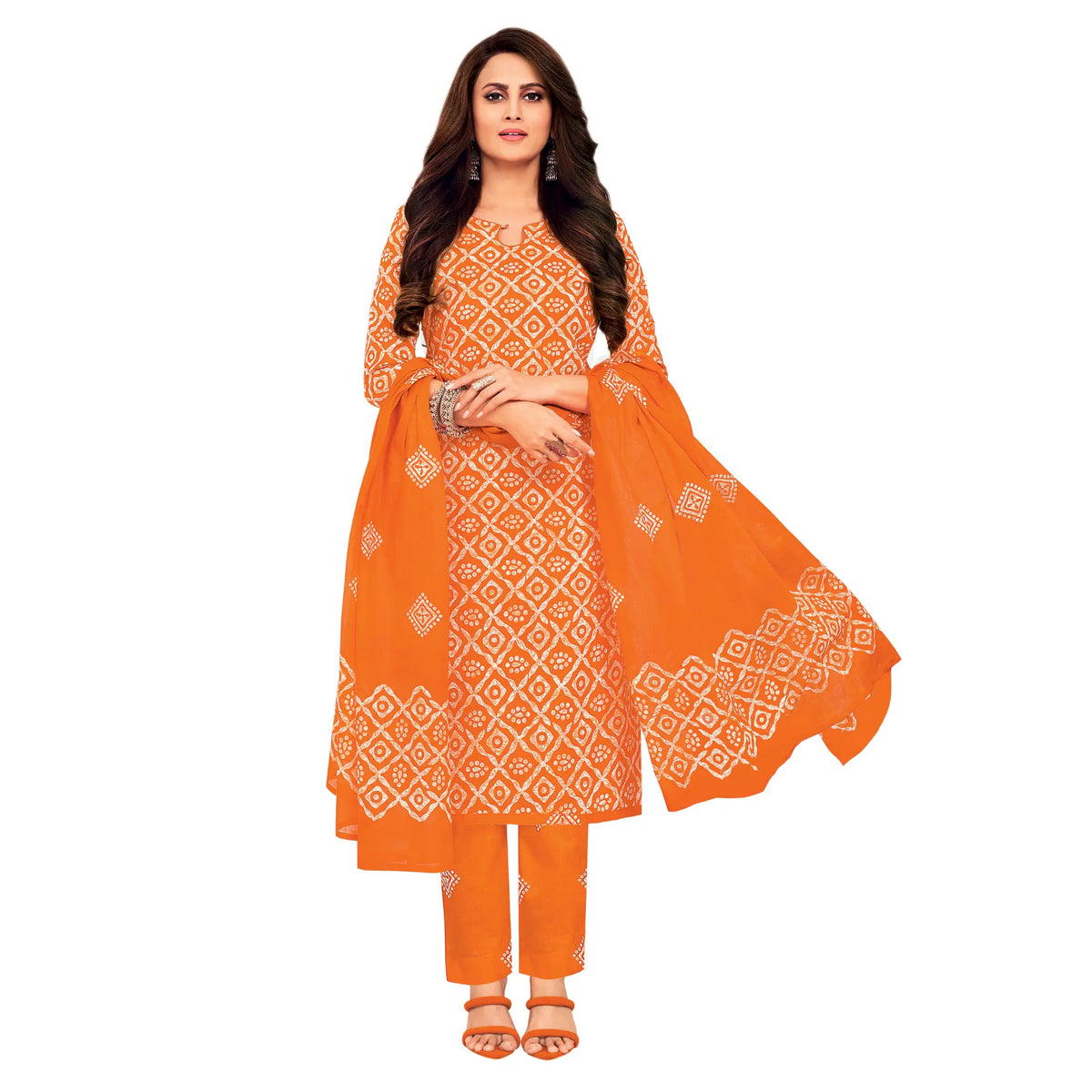 Women's Orange Cotton Kurti with Straight Pant and Dupatta Main image